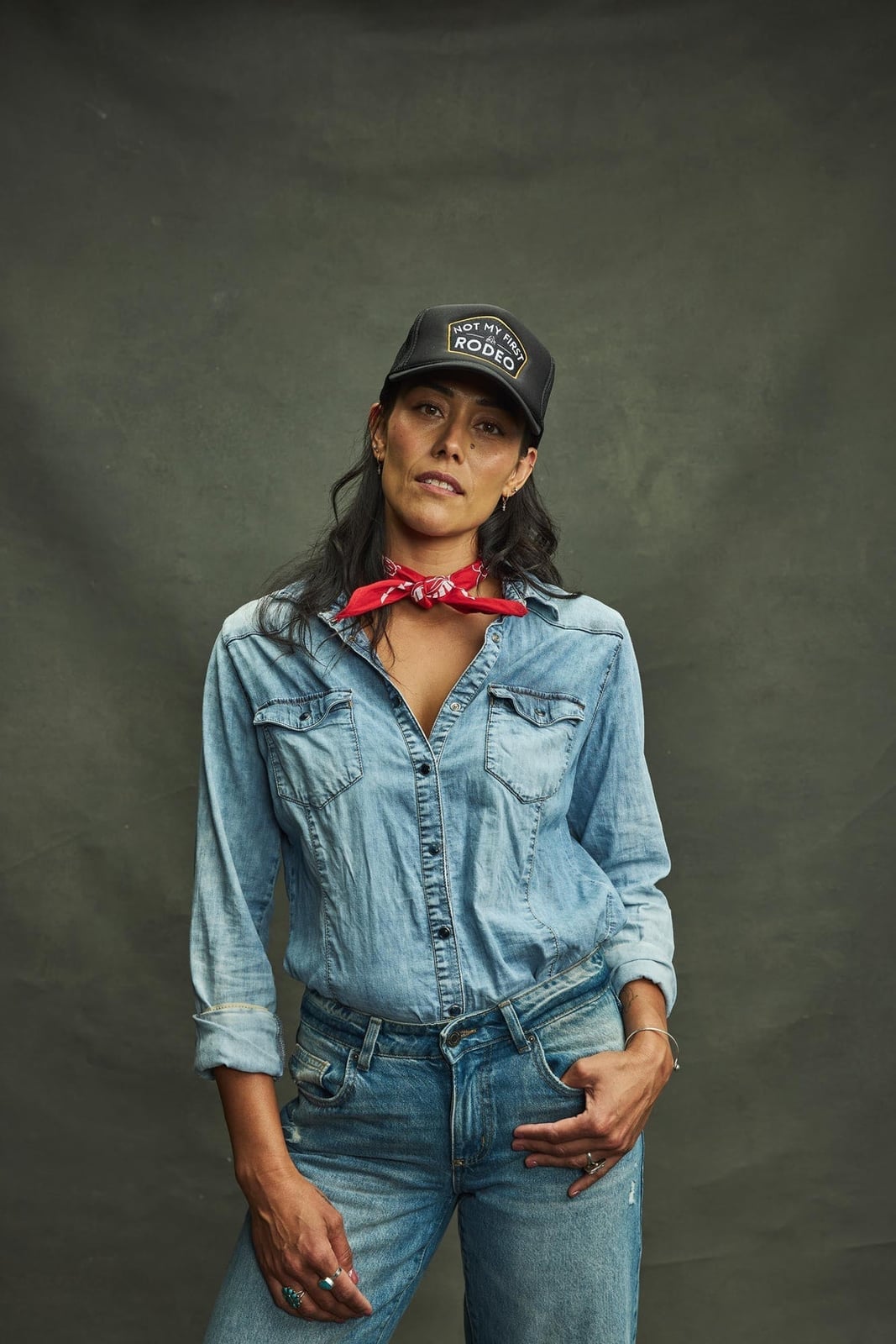 Red Bandana Neck Accessory With Denim On Denim Red Bandana Neck Accessory With Denim On Denim — Trendy Bandana Outfits