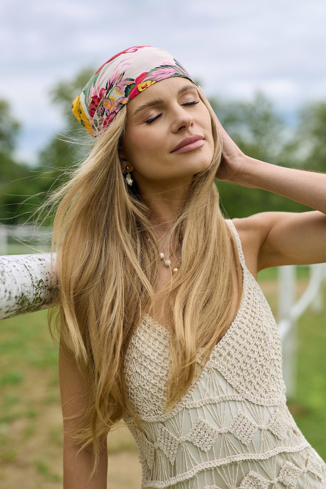 Floral Silk Scarf Headscarf With Crocheted Dress Floral Silk Scarf Headscarf With Crocheted Dress — Trendy Bandana Outfits