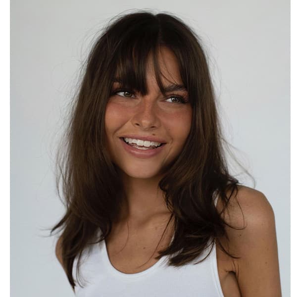 Collarbone Dark Brown With Soft Blended Bangs Collarbone Dark Brown With Soft Blended Bangs — Trendy Bangs Style