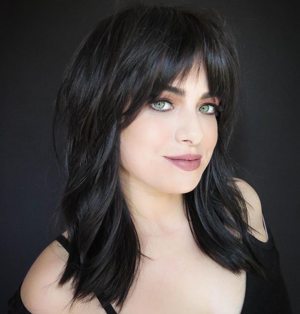 Collarbone Layers With Textured Side-Parted Bangs, Dark Brown Collarbone Layers With Textured Side-Parted Bangs, Dark Brown — Trendy Bangs Style