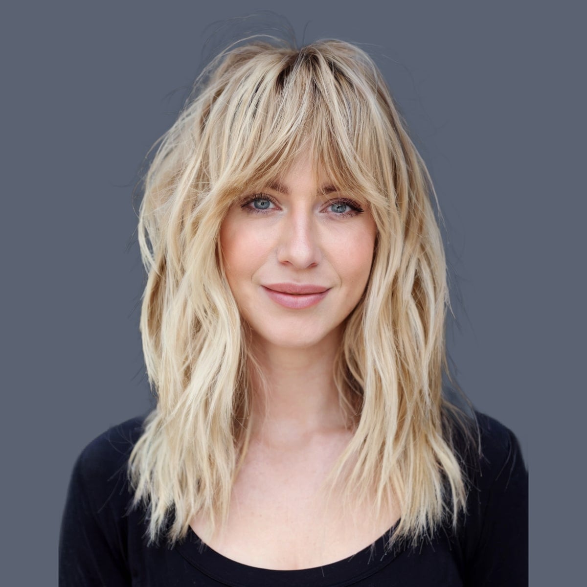 Collarbone Shag With Textured Shaggy Bangs Collarbone Shag With Textured Shaggy Bangs — Trendy Bangs Style