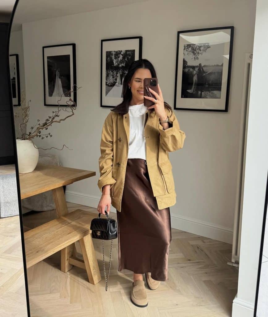 Tan Barn Jacket with Satin Midi Skirt Tan Barn Jacket with Satin Midi Skirt — Trendy Barn Jacket Outfit