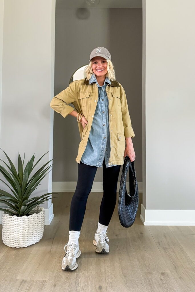 Khaki Barn Jacket Over Denim Shirt with Leggings Khaki Barn Jacket Over Denim Shirt with Leggings — Trendy Barn Jacket Outfit