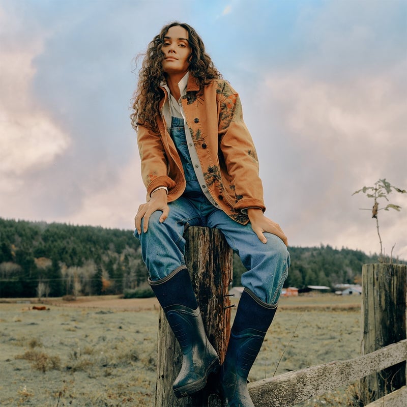 Embroidered Brown Barn Jacket with Denim Overalls Embroidered Brown Barn Jacket with Denim Overalls — Trendy Barn Jacket Outfit