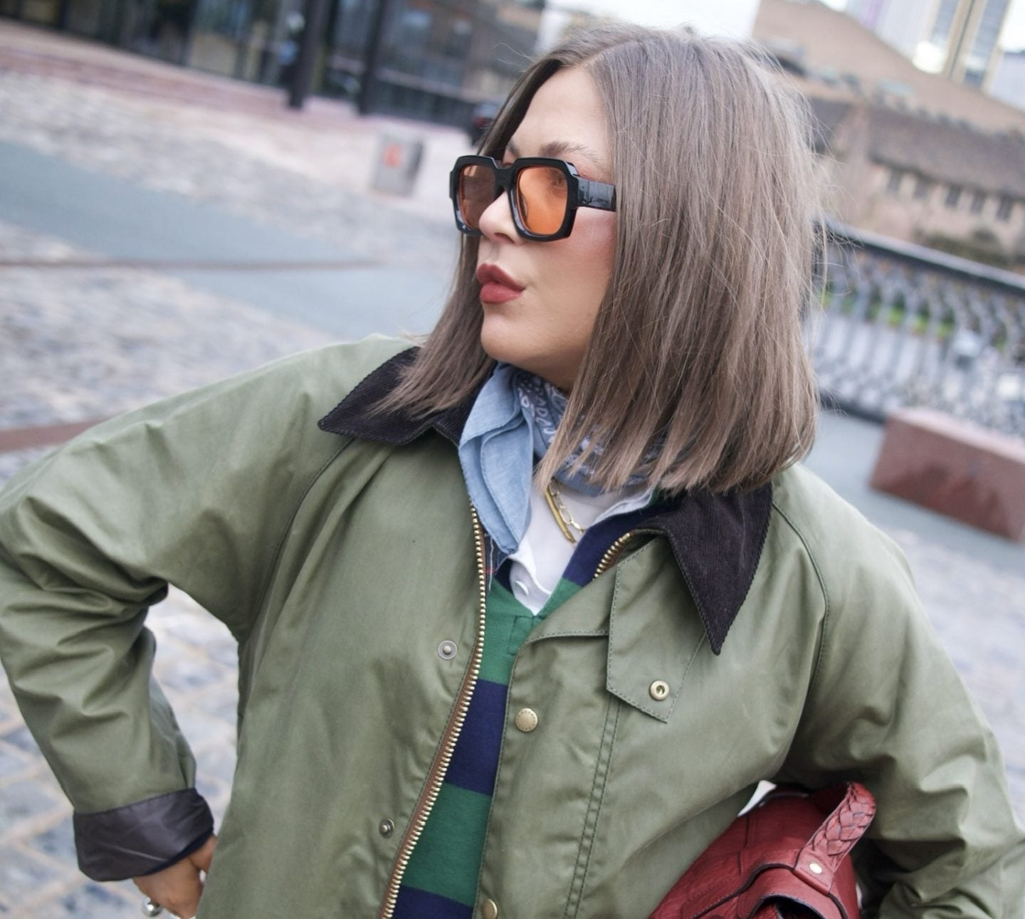 Green Barn Jacket with Striped Sweater and Bandana Green Barn Jacket with Striped Sweater and Bandana — Trendy Barn Jacket Outfit