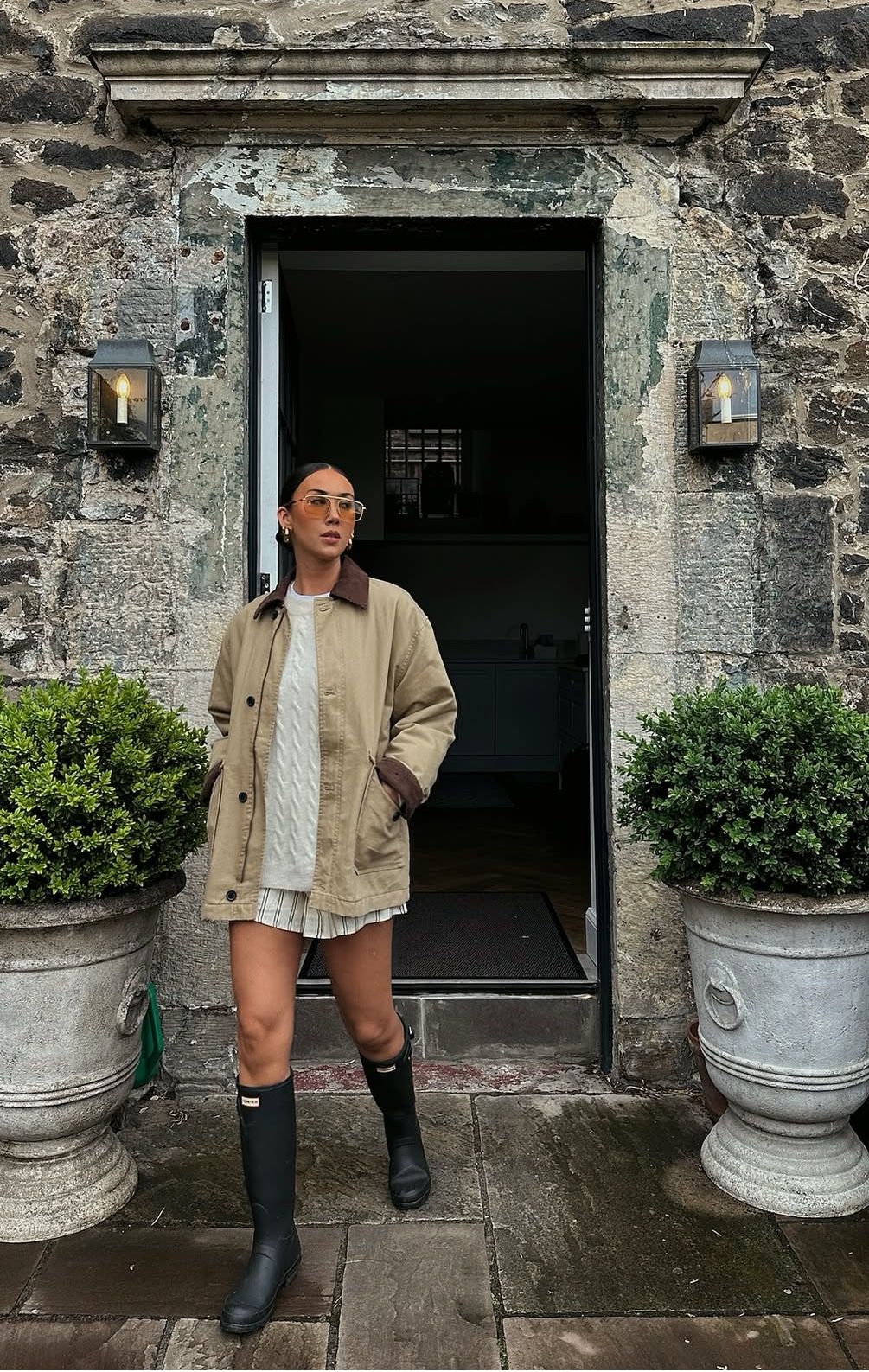 Beige Barn Jacket with Cable Knit Sweater and Mini Skirt Beige Barn Jacket with Cable Knit Sweater and Mini Skirt — Trendy Barn Jacket Outfit