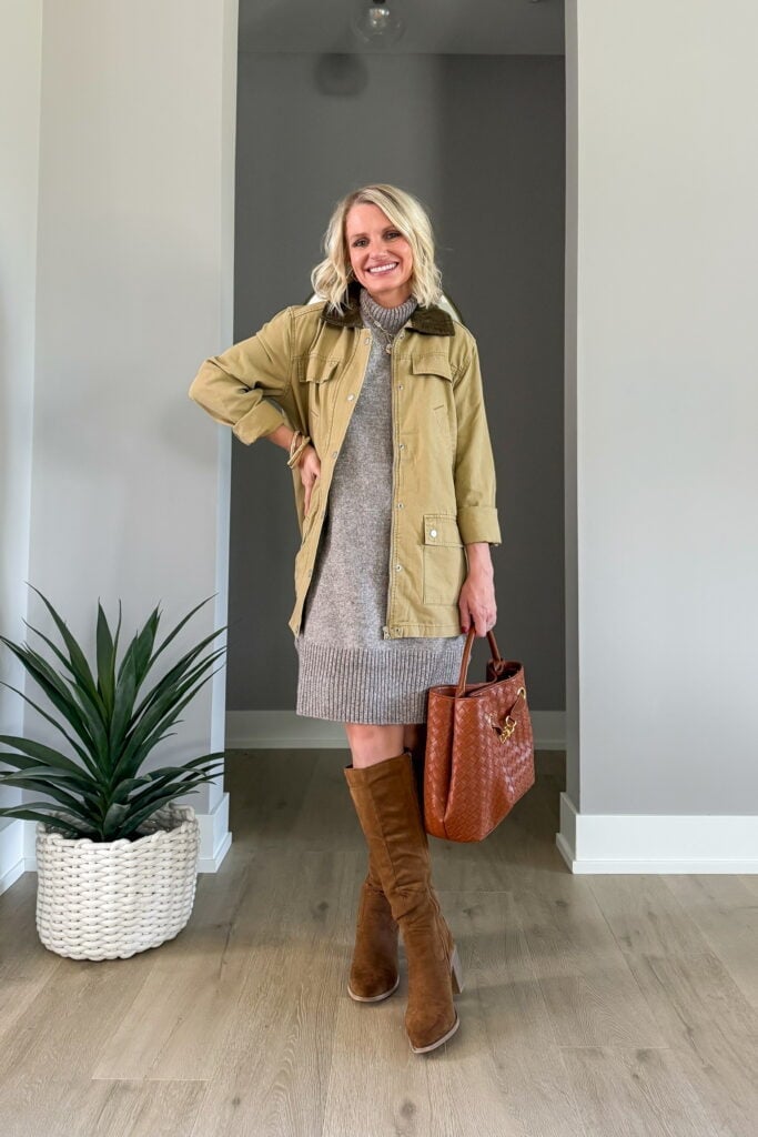 Khaki Barn Jacket Over Knit Dress with Knee-High Boots Khaki Barn Jacket Over Knit Dress with Knee-High Boots — Trendy Barn Jacket Outfit