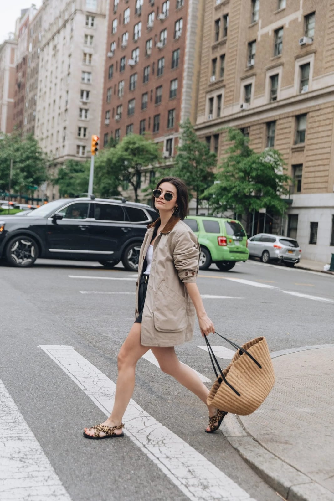 Beige Barn Jacket with Tank Top and Leopard Sandals Beige Barn Jacket with Tank Top and Leopard Sandals — Trendy Barn Jacket Outfit