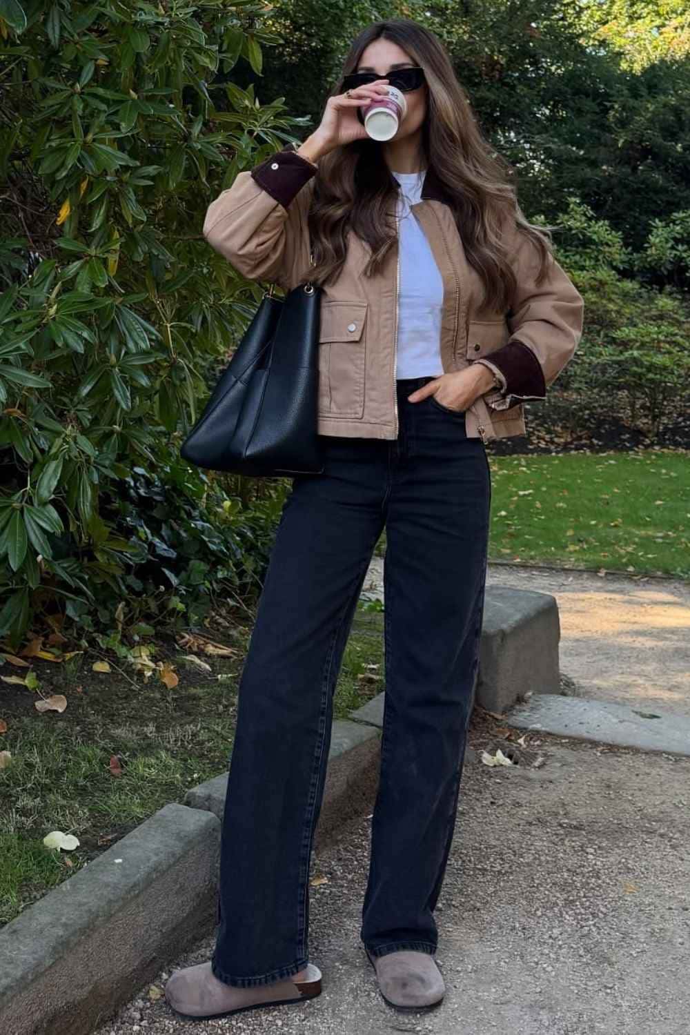 Tan Barn Jacket with White Tee and Black Wide-Leg Jeans Tan Barn Jacket with White Tee and Black Wide-Leg Jeans — Trendy Barn Jacket Outfit