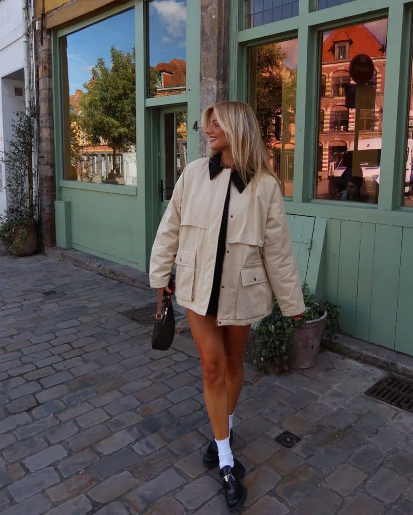 Cream Quilted Barn Jacket Over Black Mini Dress Cream Quilted Barn Jacket Over Black Mini Dress — Trendy Barn Jacket Outfit