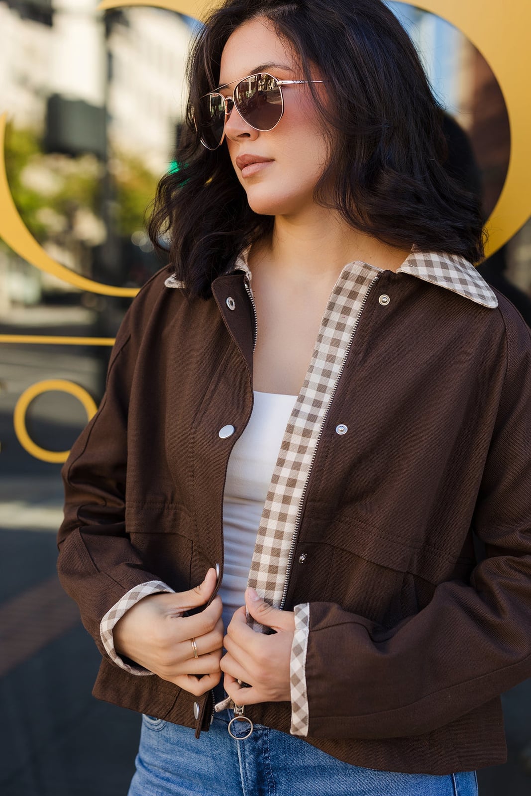 Brown Barn Jacket with Gingham Lining Detail Brown Barn Jacket with Gingham Lining Detail — Trendy Barn Jacket Outfit