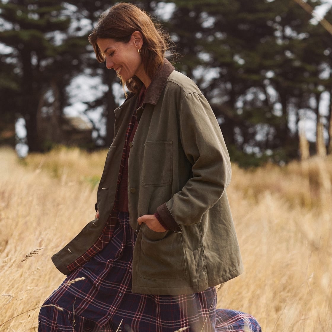 Olive Green Barn Jacket Over Plaid Shirt and Dress Olive Green Barn Jacket Over Plaid Shirt and Dress — Trendy Barn Jacket Outfit