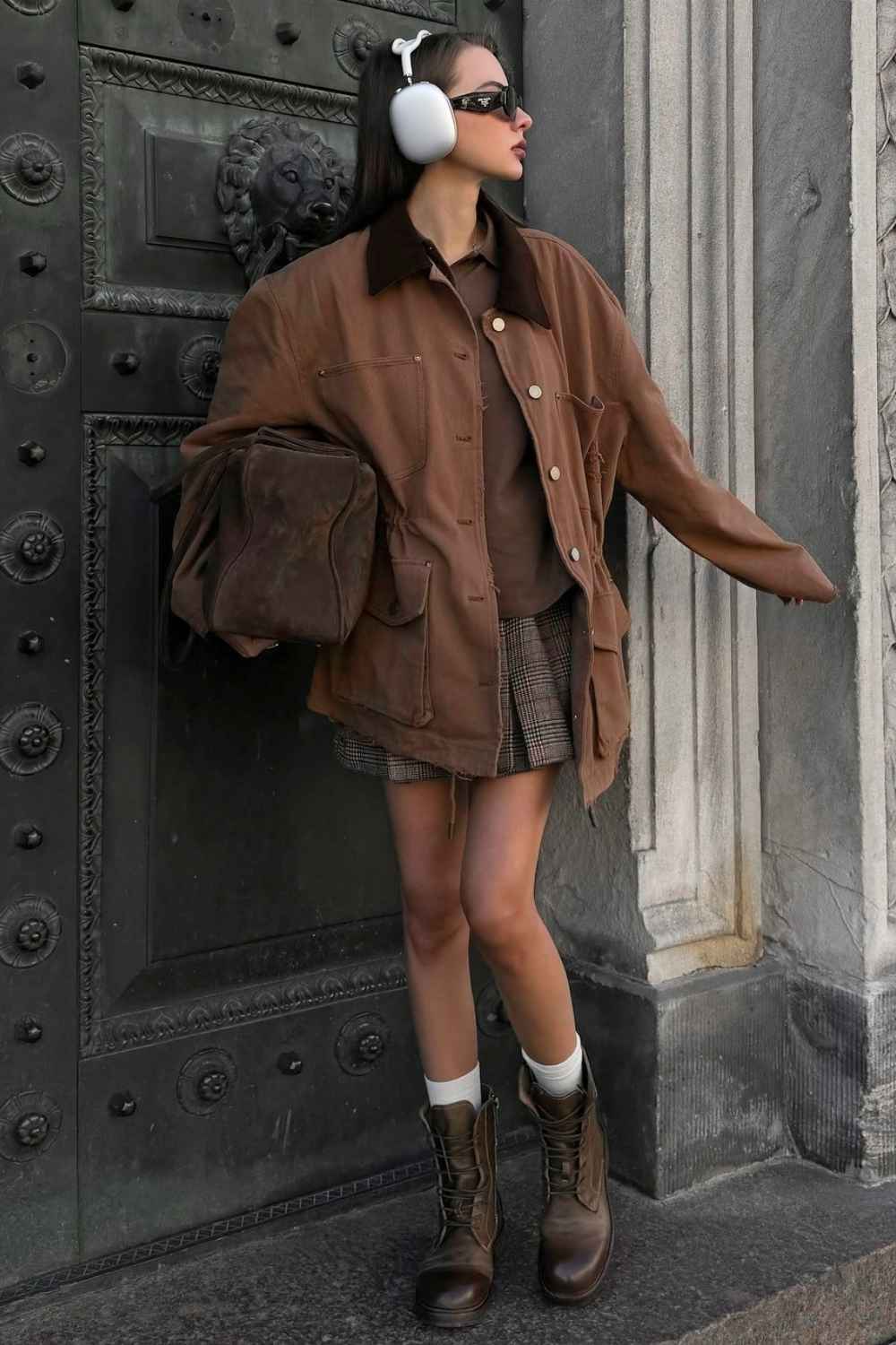 Brown Utilitarian Barn Jacket with Plaid Mini Skirt Brown Utilitarian Barn Jacket with Plaid Mini Skirt — Trendy Barn Jacket Outfit
