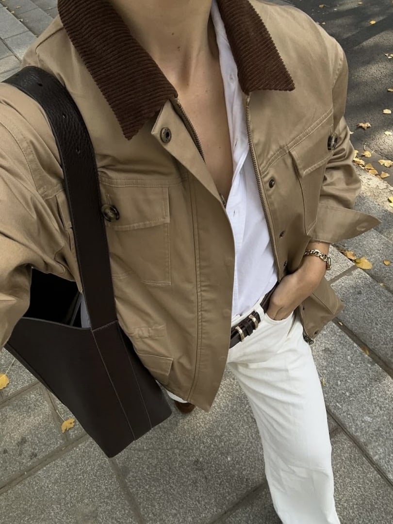 Beige Barn Jacket Detail with Corduroy Collar Beige Barn Jacket Detail with Corduroy Collar — Trendy Barn Jacket Outfit