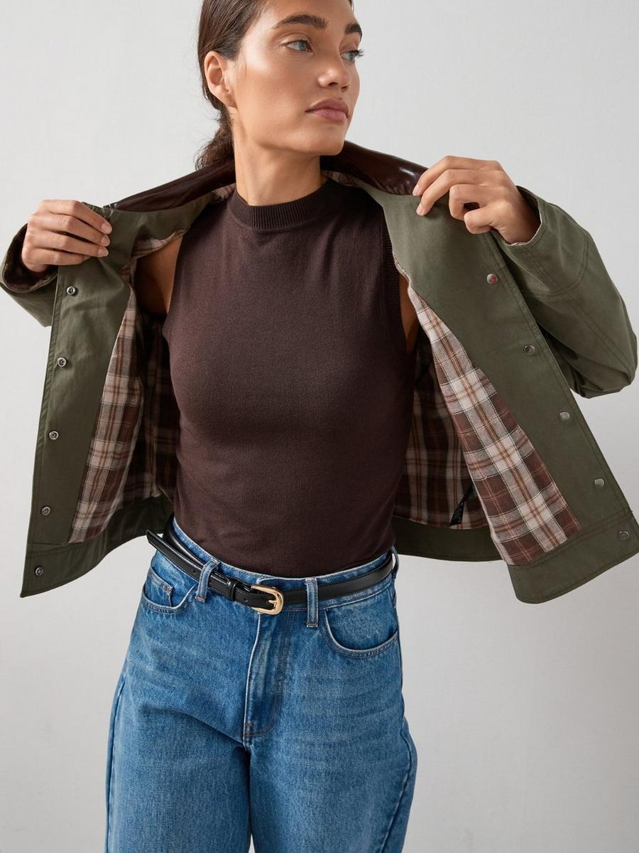 Green Barn Jacket with Plaid Lining and Knit Top Green Barn Jacket with Plaid Lining and Knit Top — Trendy Barn Jacket Outfit