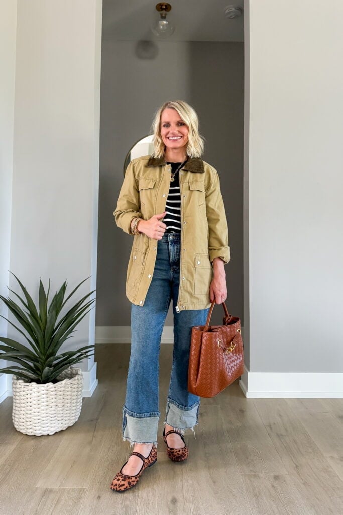 Khaki Barn Jacket with Striped Tee and Wide-Leg Jeans Khaki Barn Jacket with Striped Tee and Wide-Leg Jeans — Trendy Barn Jacket Outfit