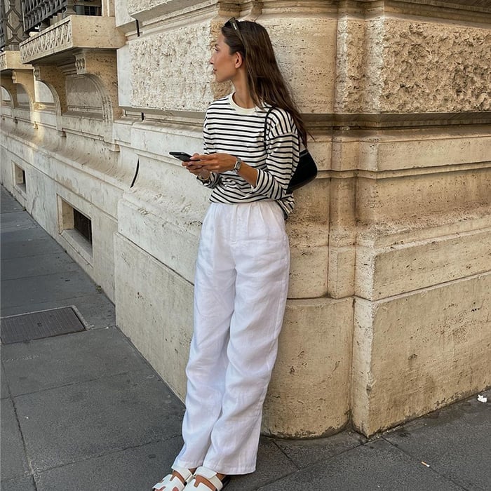 White Wide Leg Linen Trousers With Striped Long Sleeve Top — Trendy Basic Outfits