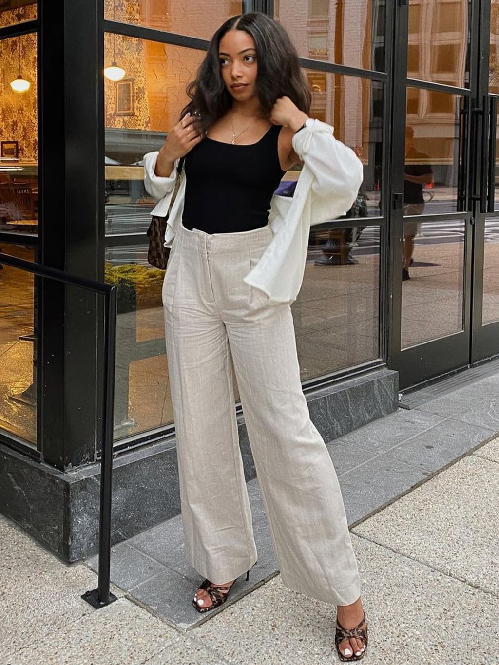 Black Tank Top With Beige Linen Trousers, Office-Safe Version — Trendy Basic Outfits