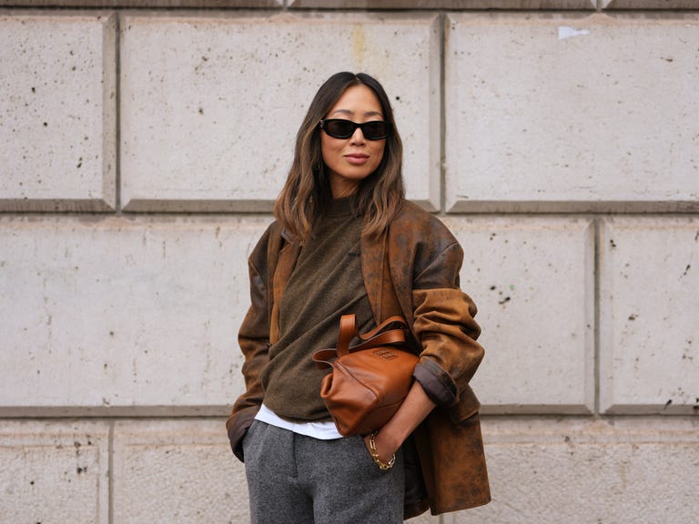 Textured Brown Blazer Over Olive Sweater And Grey Trousers — Trendy Basic Outfits