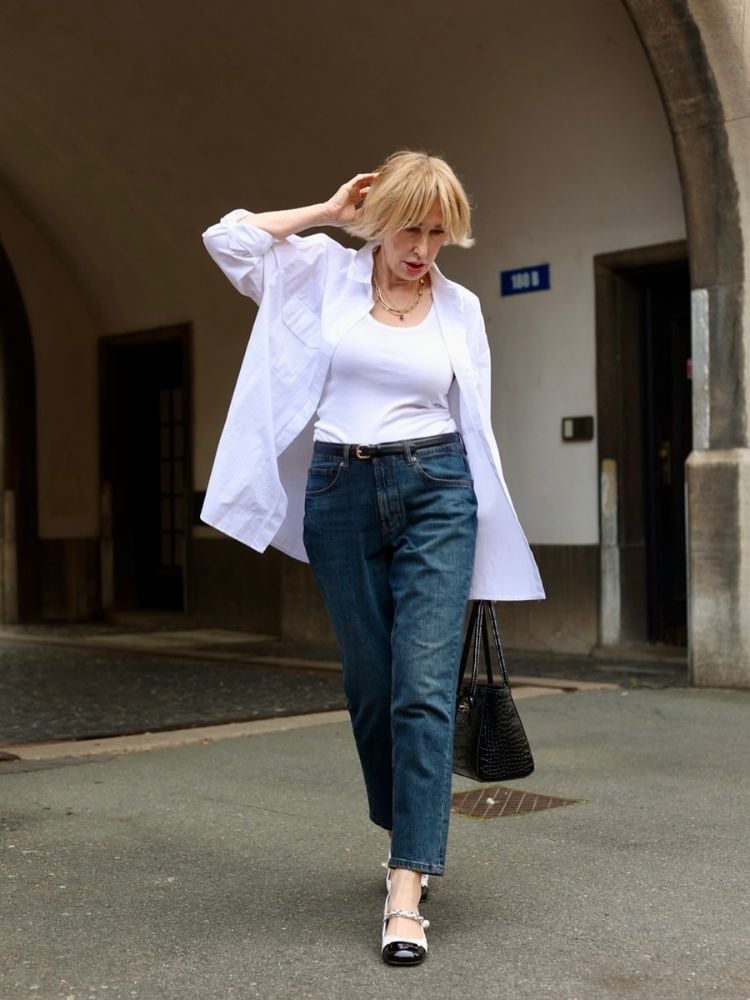 Straight Leg Jeans With White Tank And Open Cotton Shirt — Trendy Basic Outfits