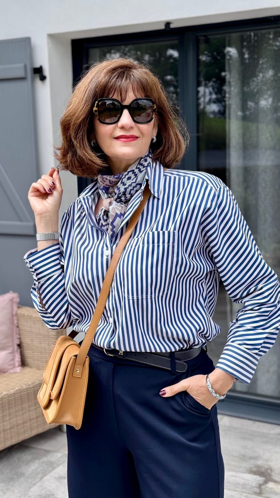 Striped Button Down Shirt With Dark Trousers And Silk Scarf — Trendy Basic Outfits