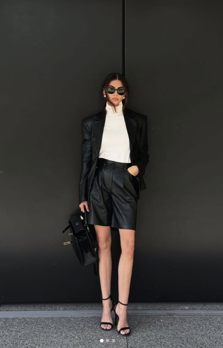 Printed Silk Top With Black Pleated Vest And Black Pants — Trendy Basic Outfits