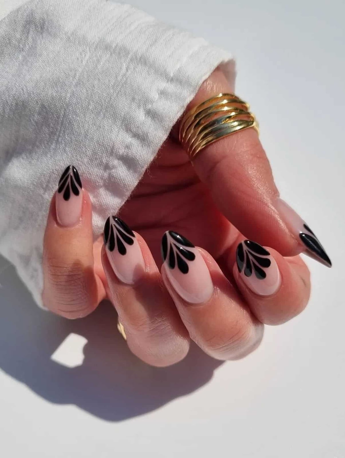 Sheer Pink Black French Tip Leaf Art Long Almond Nails, Glossy Sheer Pink Black French Tip Leaf Art Long Almond Nails, Glossy — Trendy Black Almond Nails