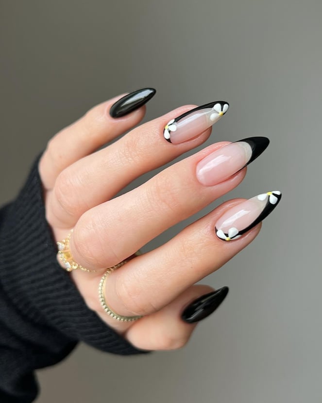 Sheer Pink Black Floral French Tip Long Almond Nails, Close-Up Take Sheer Pink Black Floral French Tip Long Almond Nails, Close-Up Take — Trendy Black Almond Nails