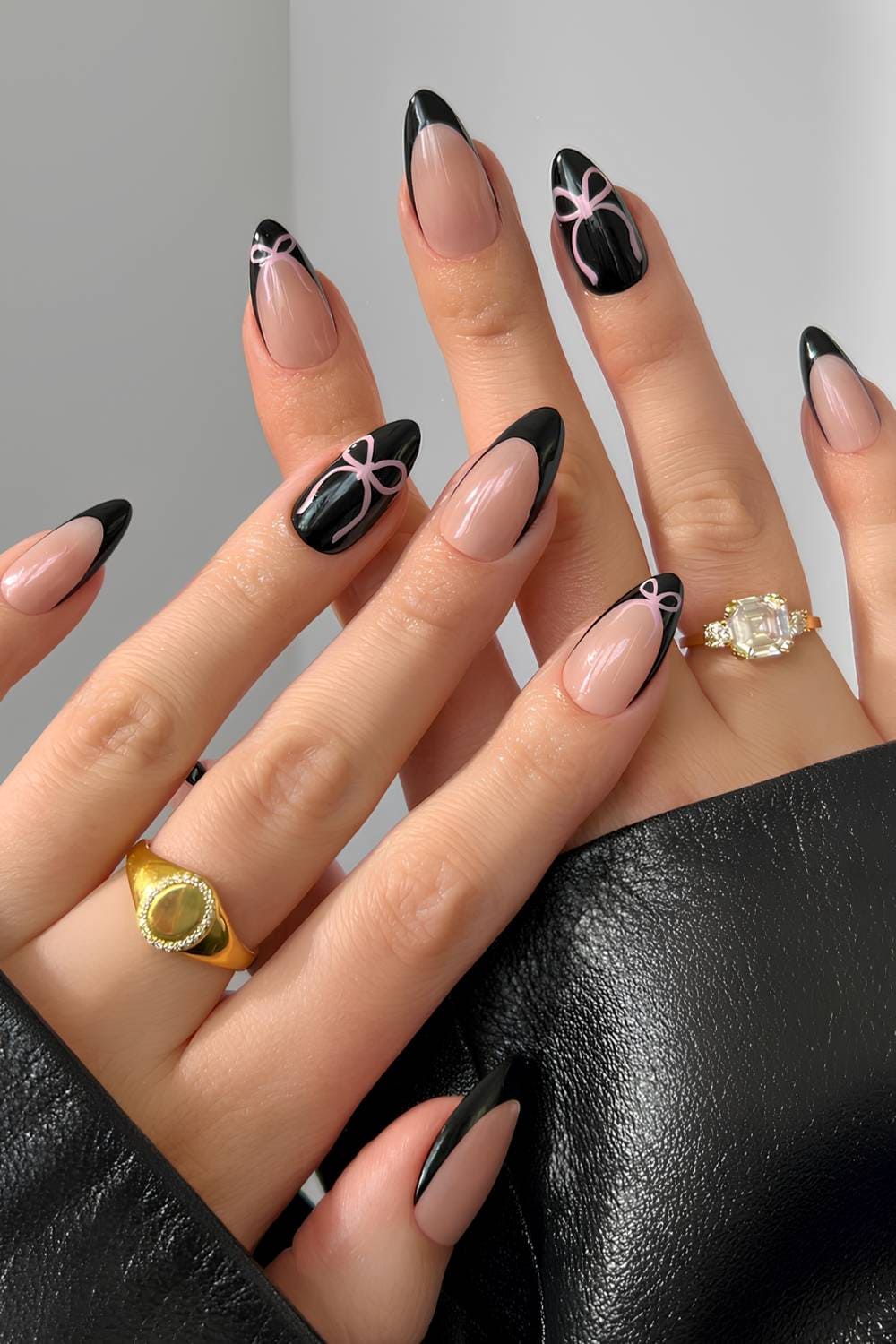 Sheer Nude Black Pink Bow French Tip Long Almond, Everyday Version Sheer Nude Black Pink Bow French Tip Long Almond, Everyday Version — Trendy Black Almond Nails