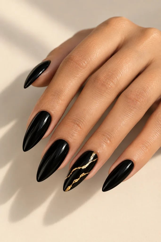 Black Glossy Gold Stripe Long Almond Nails Black Glossy Gold Stripe Long Almond Nails — Trendy Black Almond Nails