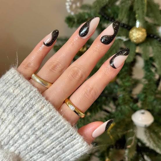 Sheer Nude Black Swirl Dot Medium Almond Nails Sheer Nude Black Swirl Dot Medium Almond Nails — Trendy Black Almond Nails