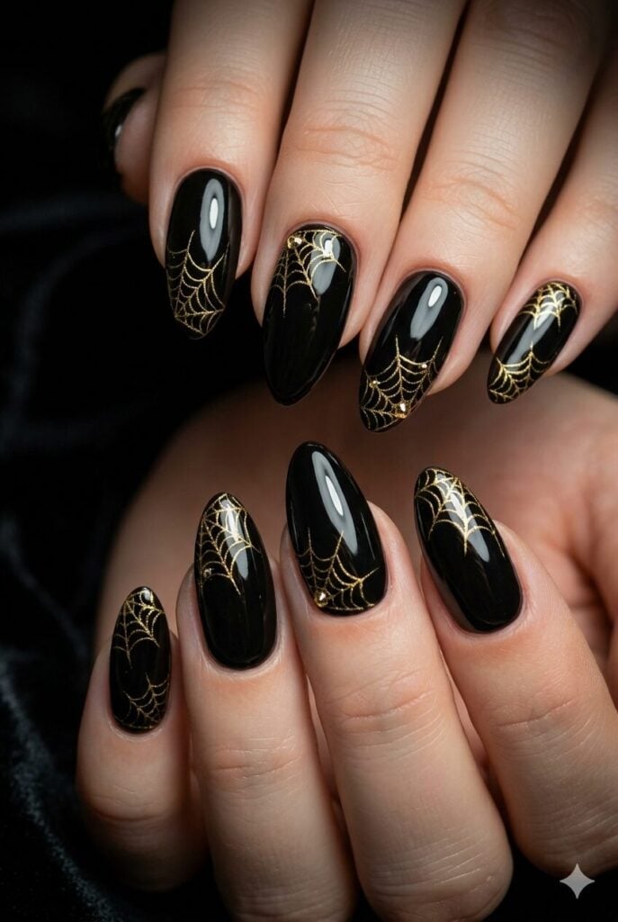Glossy Black Gold Spiderweb Medium Almond Nails Glossy Black Gold Spiderweb Medium Almond Nails — Trendy Black Almond Nails