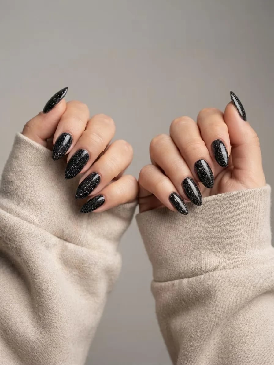 Full Black Glitter Long Almond Nails Full Black Glitter Long Almond Nails — Trendy Black Almond Nails