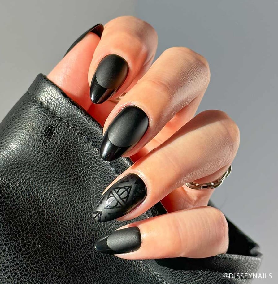 Matte Black Half Moon Medium Almond Nails Matte Black Half Moon Medium Almond Nails — Trendy Black Almond Nails