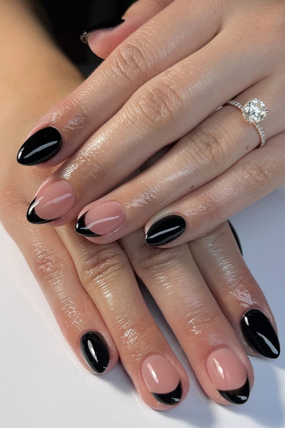 Sheer Nude Modern Black French Tip Almond Nails With A Thin Sheer Nude Modern Black French Tip Almond Nails With A Thin — Trendy Black Almond Nails