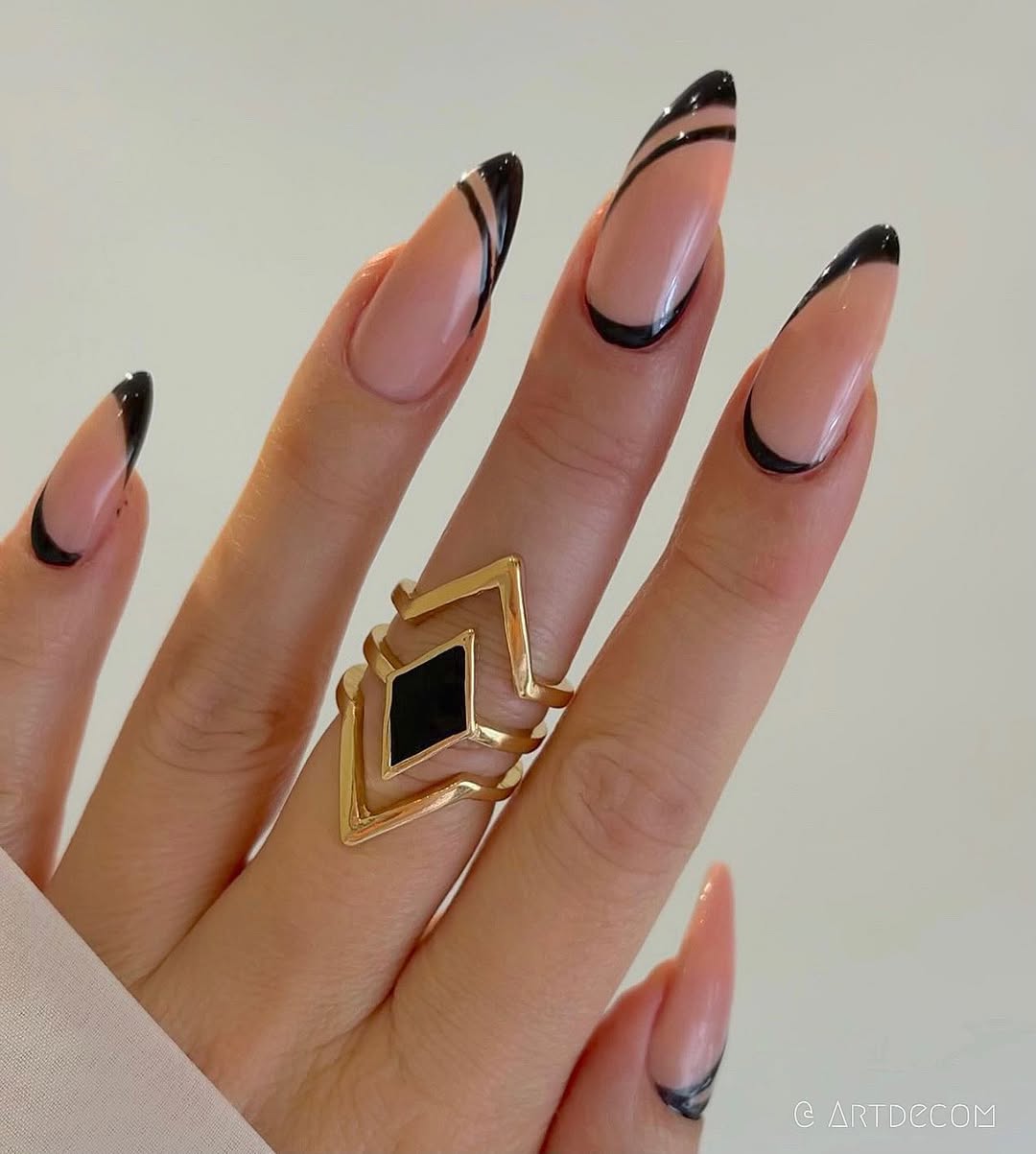 Sheer Nude Curved Black French Tip Long Almond Nails Sheer Nude Curved Black French Tip Long Almond Nails — Trendy Black Almond Nails