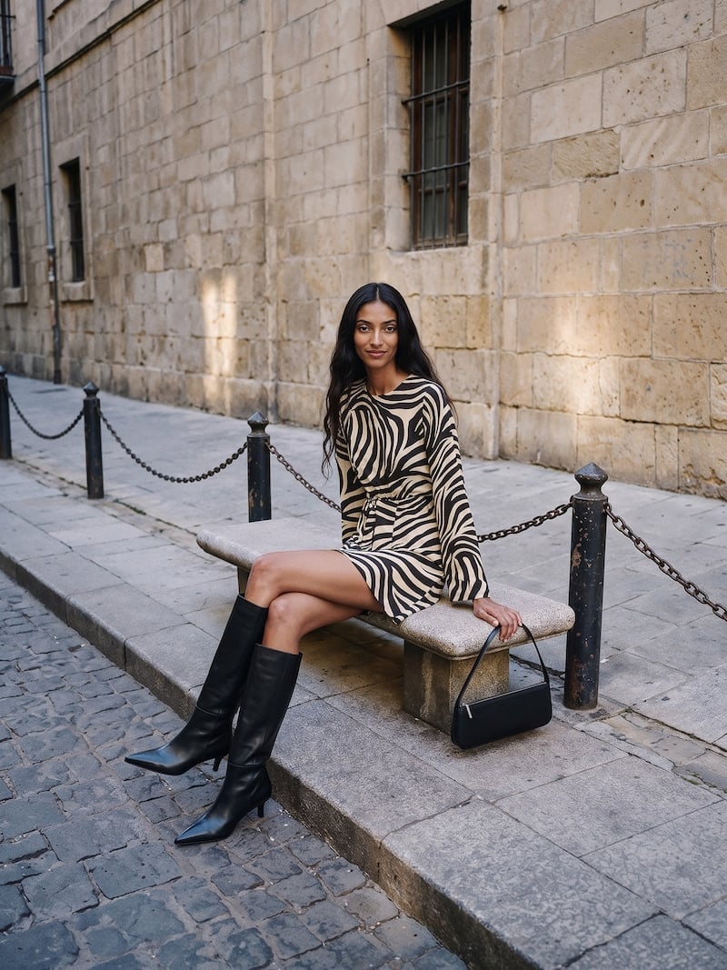 Zebra Print Mini Dress With Knee-High Boots Zebra Print Mini Dress With Knee-High Boots — Trendy Black and White Outfits