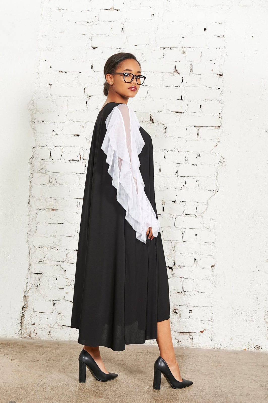 Dress With Sheer Ruffled White Sleeves Dress With Sheer Ruffled White Sleeves — Trendy Black and White Outfits