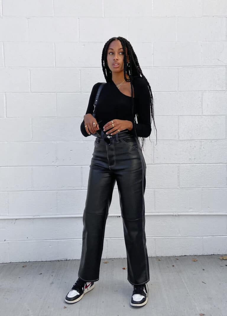 Wide Leg Leather Pants With One-Shoulder Top Wide Leg Leather Pants With One-Shoulder Top — Trendy Black Leather Pants Outfit