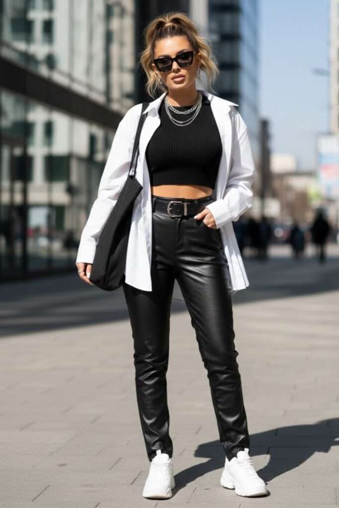 Skinny Leather Pants With Layered Shirts And Sneakers Skinny Leather Pants With Layered Shirts And Sneakers — Trendy Black Leather Pants Outfit