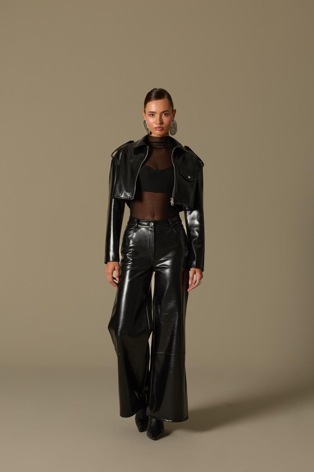 Wide Leg Faux Leather Pants With Sheer Mesh And Cropped Jacket Wide Leg Faux Leather Pants With Sheer Mesh And Cropped Jacket — Trendy Black Leather Pants Outfit