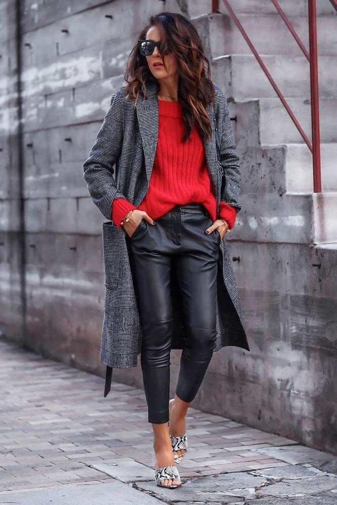 Straight Leg Leather Pants With Red Sweater And Long Coat Straight Leg Leather Pants With Red Sweater And Long Coat — Trendy Black Leather Pants Outfit
