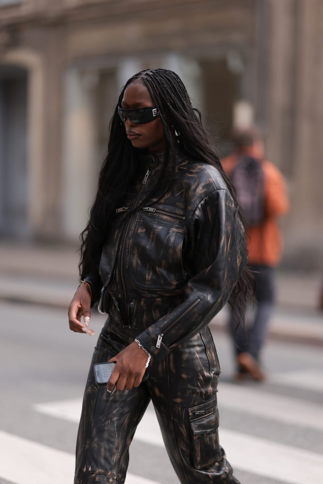Black Leather Jumpsuit With Tie-Dye Effect Black Leather Jumpsuit With Tie-Dye Effect — Trendy Black Leather Pants Outfit