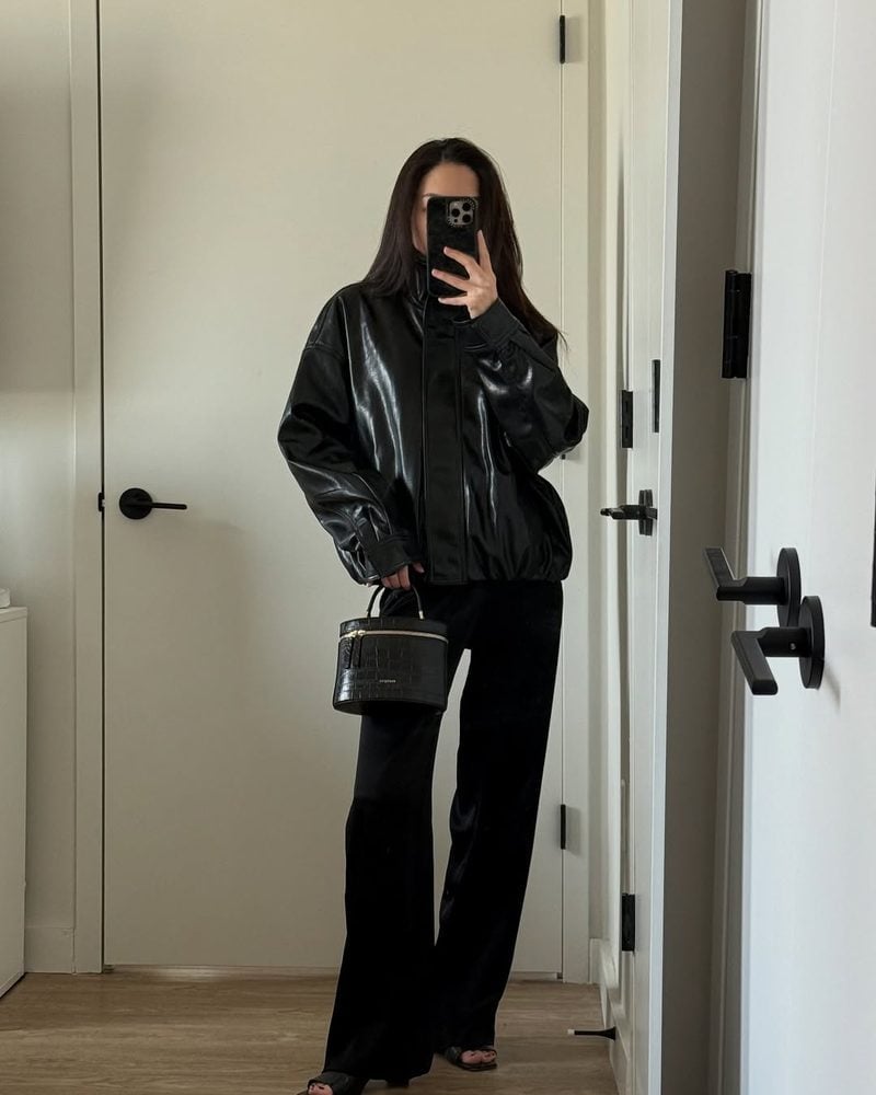 Velvet Pants With Oversized Leather Jacket Velvet Pants With Oversized Leather Jacket — Trendy Black Leather Pants Outfit