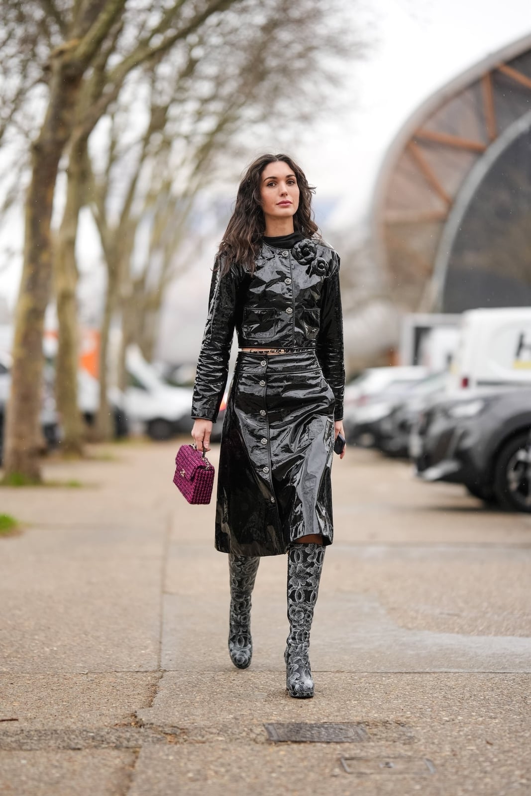 Patent Leather Midi Skirt Set With Patterned Boots — Trendy Black Leather Skirt Outfit