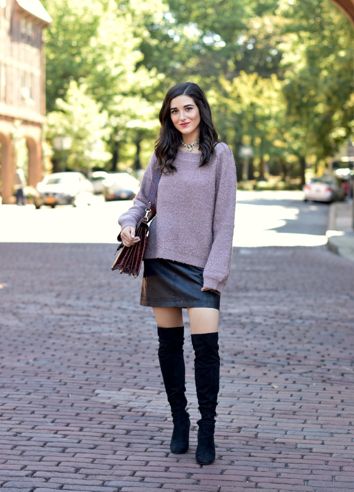 A-Line Mini Skirt With Oversized Purple Sweater and Over-the-Knee — Trendy Black Leather Skirt Outfit