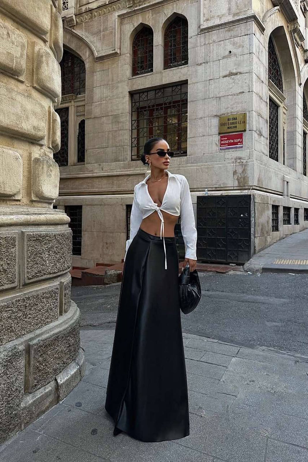 Maxi Leather Skirt With Cropped Shirt and Oversized Jacket — Trendy Black Leather Skirt Outfit