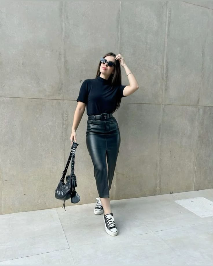 High-Waisted Pencil Skirt With T-Shirt and Sneakers — Trendy Black Leather Skirt Outfit