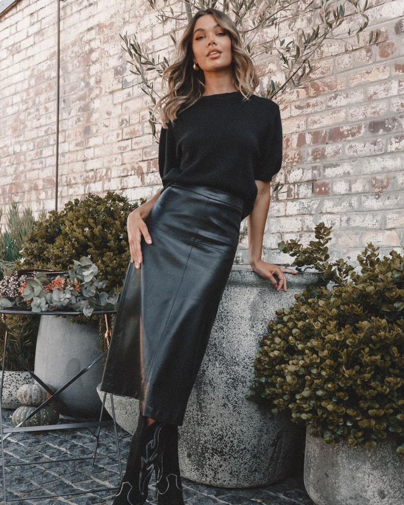 Fitted Midi Skirt With Crew Neck Top and Western Boots — Trendy Black Leather Skirt Outfit