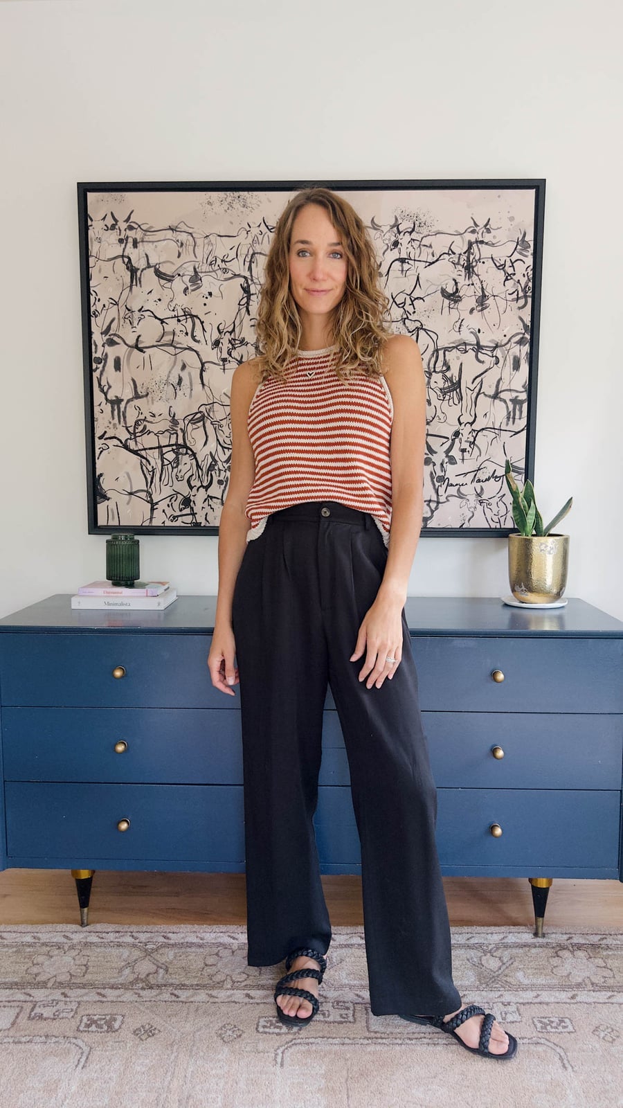 Black Linen Wide Leg Pants With Striped Tank — Trendy Black Linen Pants Outfit